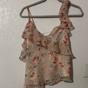 ASTR Cream Floral One-Shoulder Ruffle Camisole with Red & Gray Accents